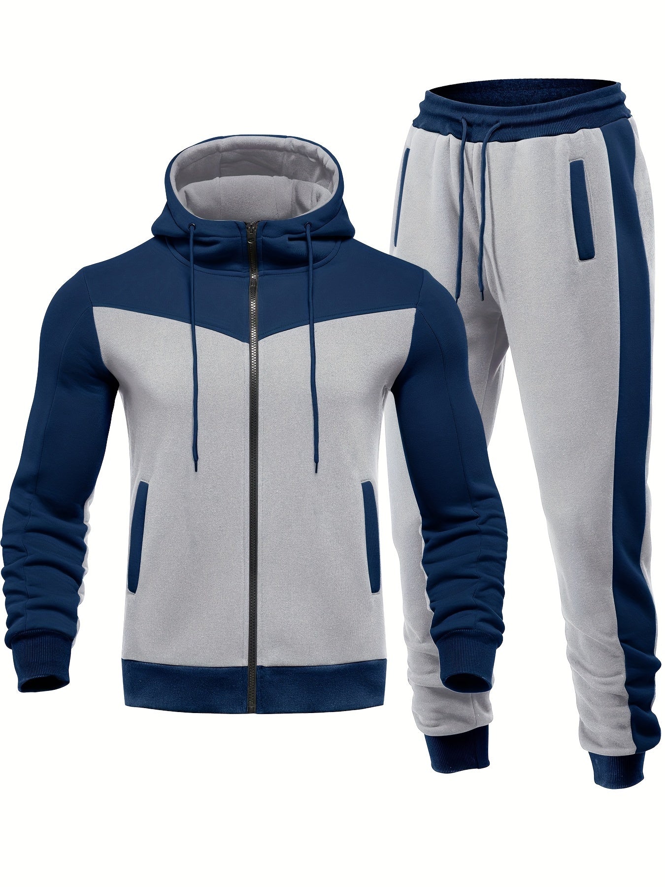 Men'S Casual Hoodie Set for Autumn And Winter, Featuring a Hooded Sweatshirt And a Sporty Cardigan in a Patchwork Design.