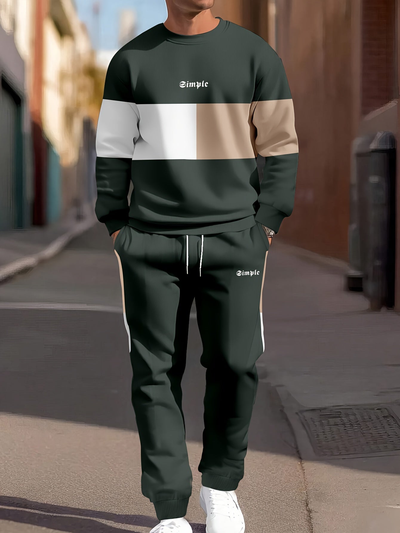 Men's Casual Crew Neck Sweatshirt & Joggers Set - Color Block, Polyester Blend, Machine Washable - Perfect for Spring/Fall, Leisure Style, Conventional Version, Spring/Autumn