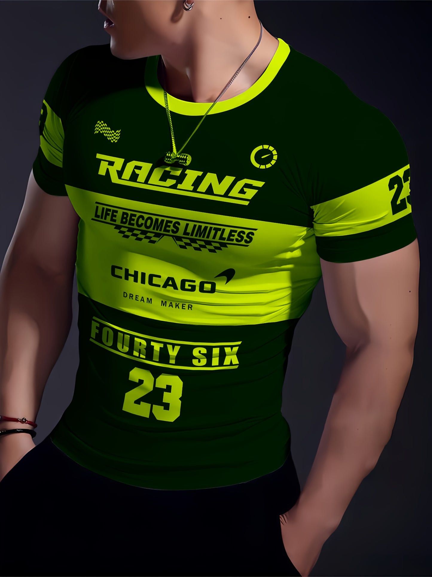 Men'S Racing Graphic T-Shirt - Bold Neon Green & Black Racing Car Design, Lightweight Breathable Fabric for Motorsport Events, Casual Streetwear - Chicago Dream Maker Inspired Casual Attire, Racing Jersey, Event Apparel, Spor