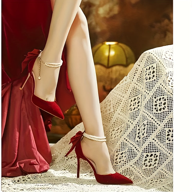 Women's Elegant Summer Evening Dress Shoes with Red Thin Heels, Bow Detail and Comfortable Fit with Insole Pair