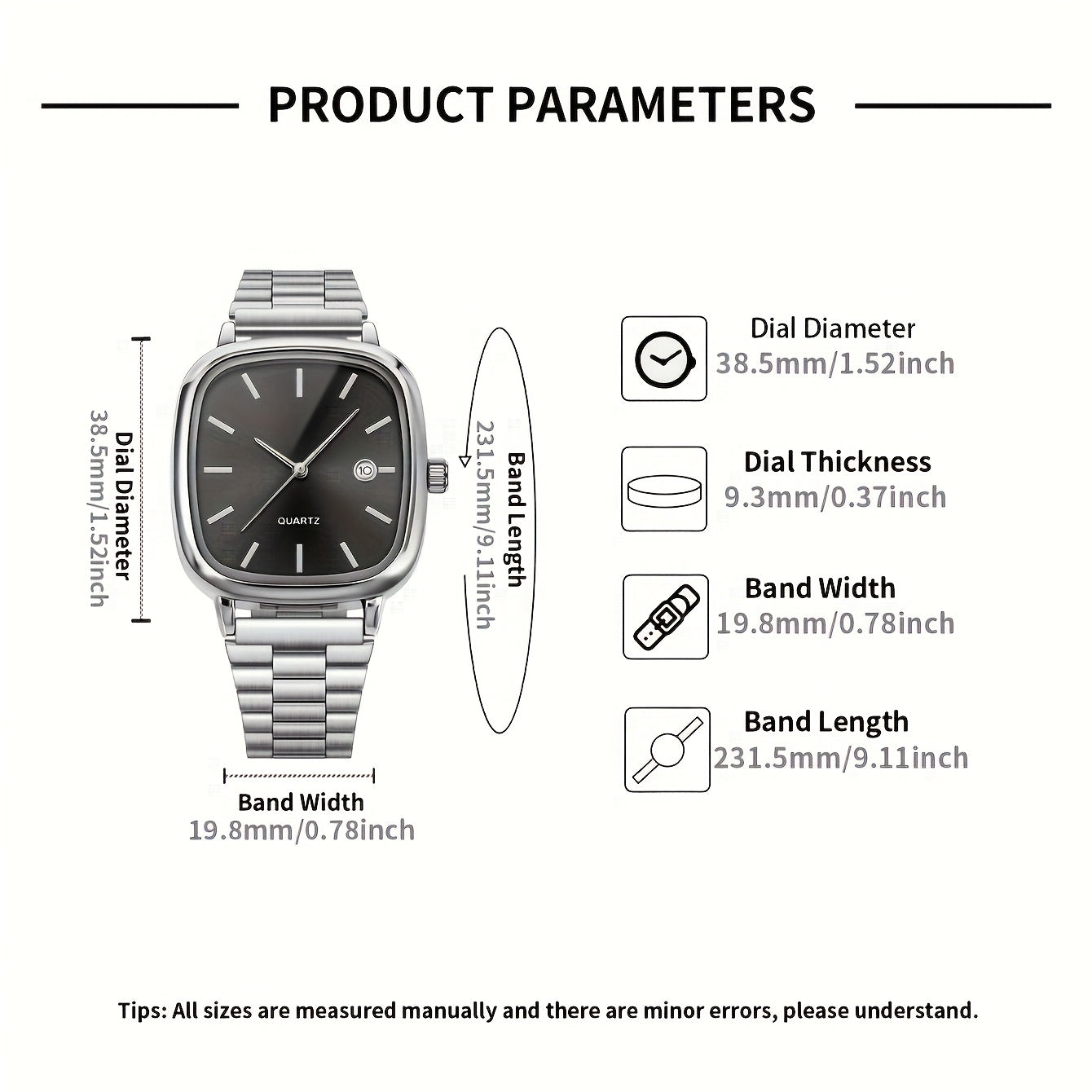 LUCKYFOX Dry Battery One Box Steel Band Small Square Calendar High-end Vintage Simple Men'S and Women'S Commuting Suitable for Daily Life Business Activities Festival Gifts Birthday Gifts Valentine'S Day Gifts