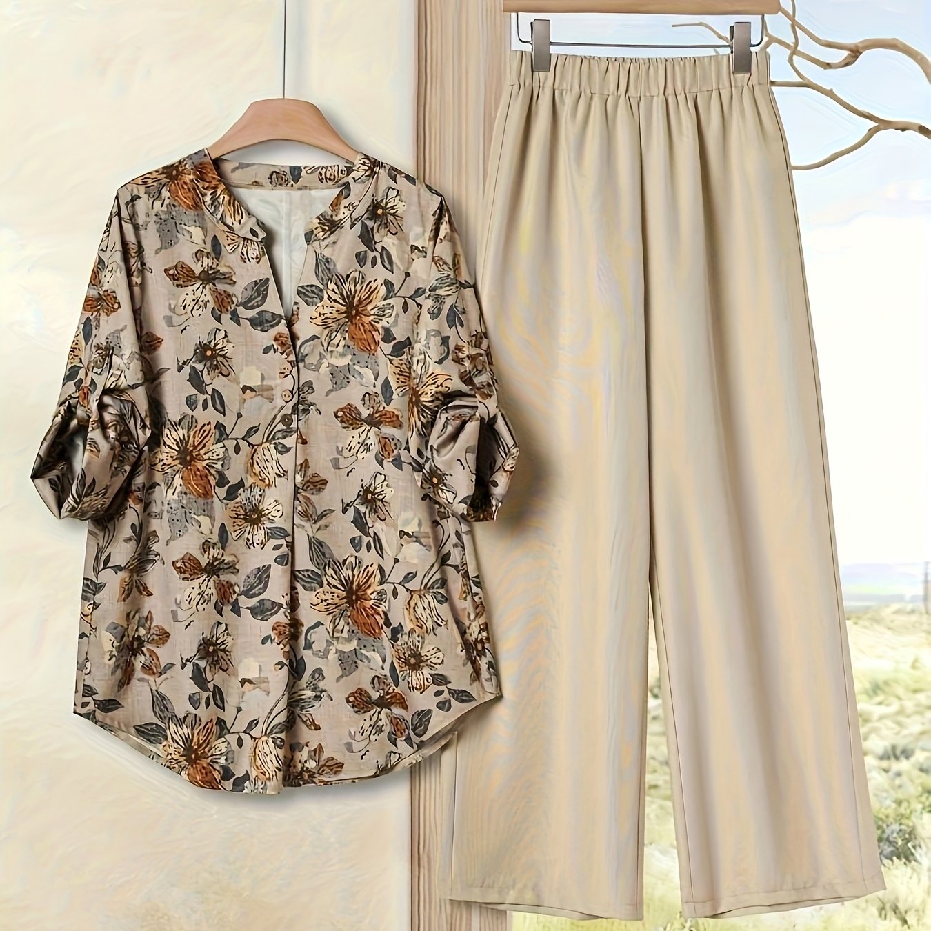 Elegant Floral Print Blouse & High-Waisted Pants Set - Chic Green & White Floral Top with Ruffled Sleeves, Button-Front Design, and Wide-Leg Pants for Spring/Summer, Spring Summer Outfit | Floral Print Blouse | Buttonfront Bl