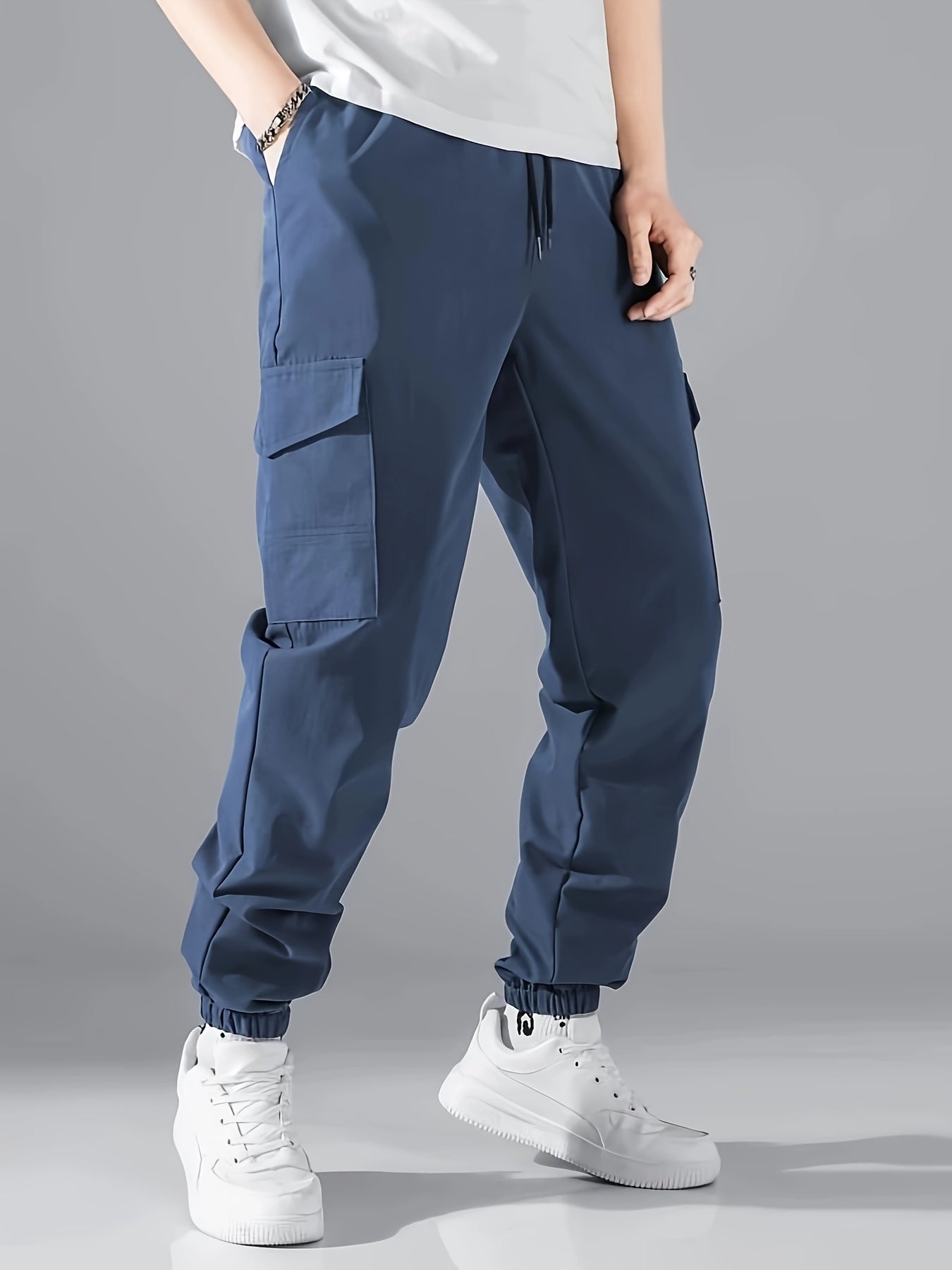 Men's Casual Athletic Cargo Pants - Solid Color, Polyester, Machine Washable with Multiple Pockets