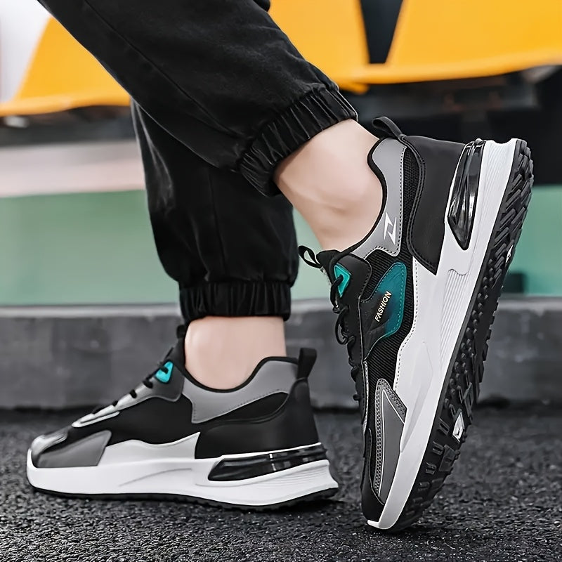 Men'S Breathable Running Sneakers with Gradient Design - Low-Top Lace-Up Casual Shoes, Durable PVC Sole, EVA Insole, Fashionable Black & White Patterns, Ideal for All Seasons Outdoor Activities