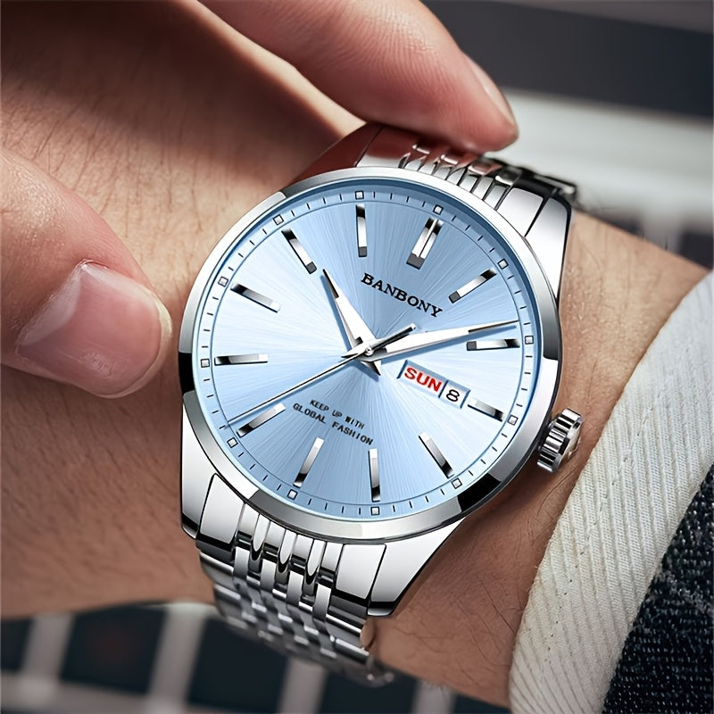 Banbony Men'S Stainless Steel Band Luminous Calendar Watch, IPX7 Waterproof, Quartz Movement, Round Zinc Alloy Case, Casual Fashion Style, with Pointer Display, Battery Powered, Non-rechargeable Button Battery, for B day
