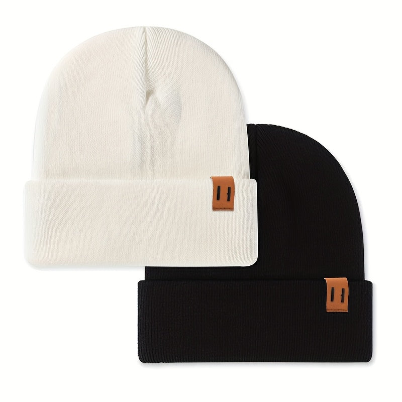 2pcs Fashion Faux Leather Label Knit Hat Set for Autumn and Winter, Outdoor Warm Ear Protection Knitted Cap Wholesale Lightweight Beanie