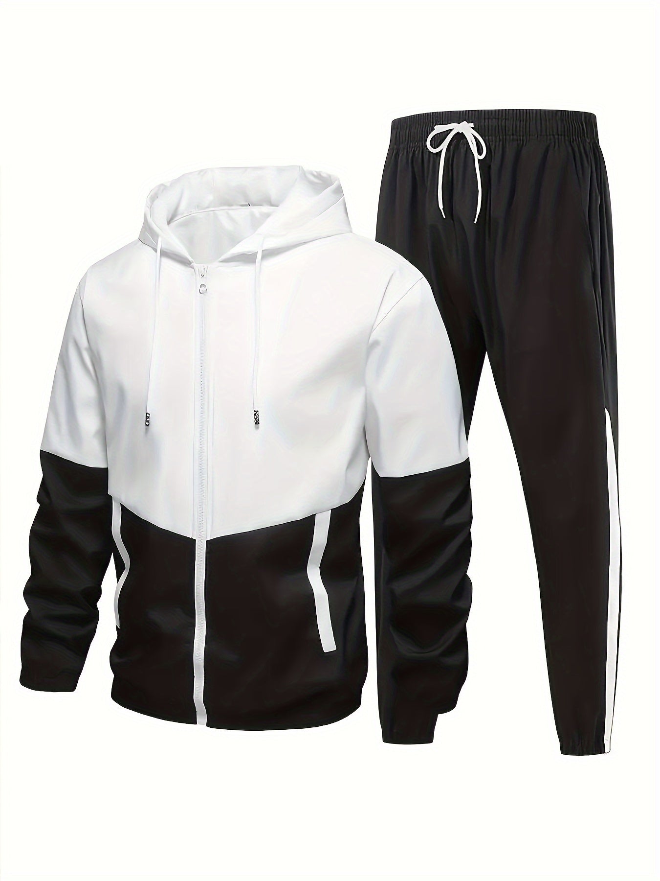 2pcs Men's Hooded Tracksuit - Lightweight Polyester Active Wear Set For Spring/Autumn With Pockets, Long Sleeve Jacket And Jogger Pants