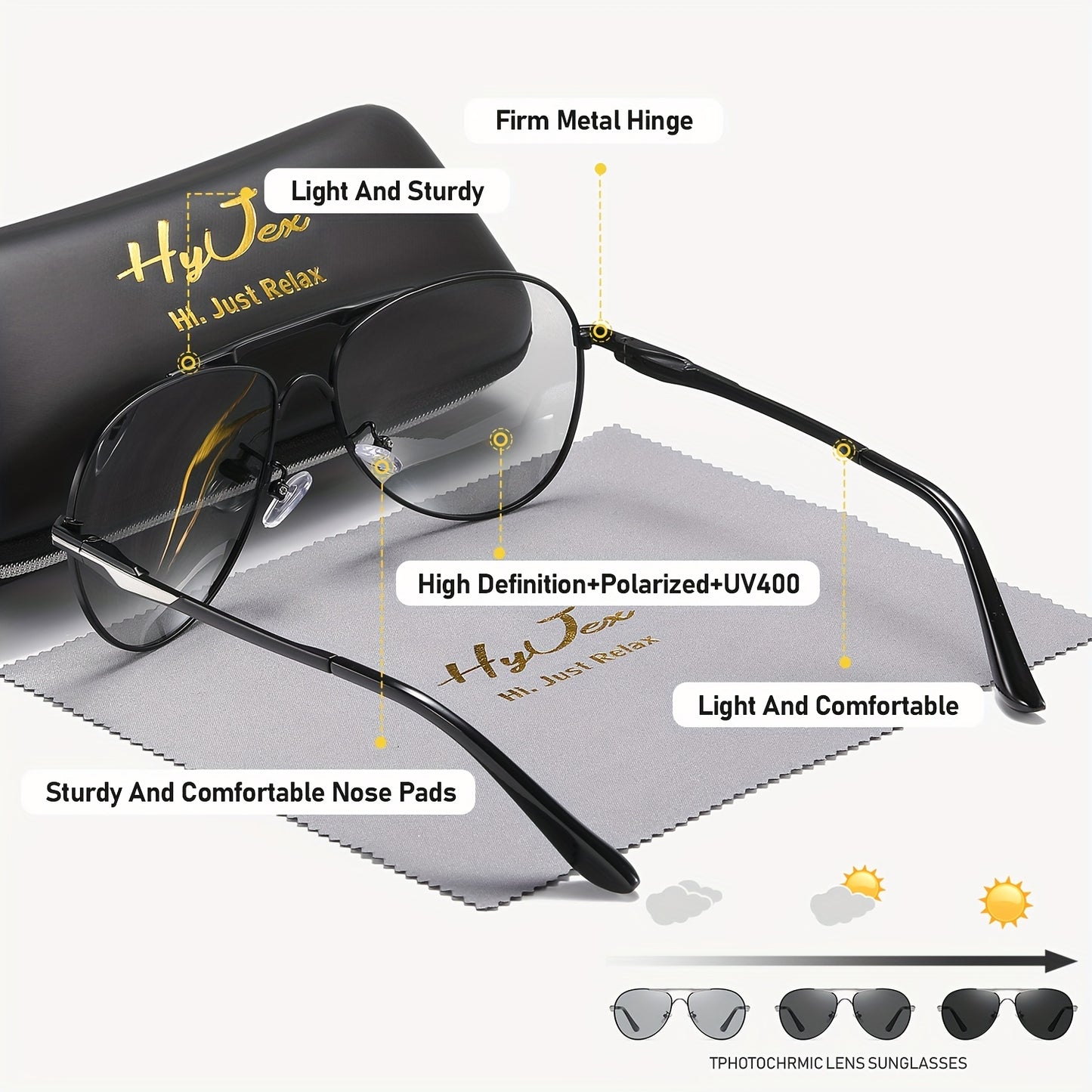 HYJEX Unisex Retro Polarized Glasses, UV400 Color-Changing TAC Lenses, Metal Frame, Anti-Fog Cloth & Case Included, Outdoor Travel Leisure Eyewear
