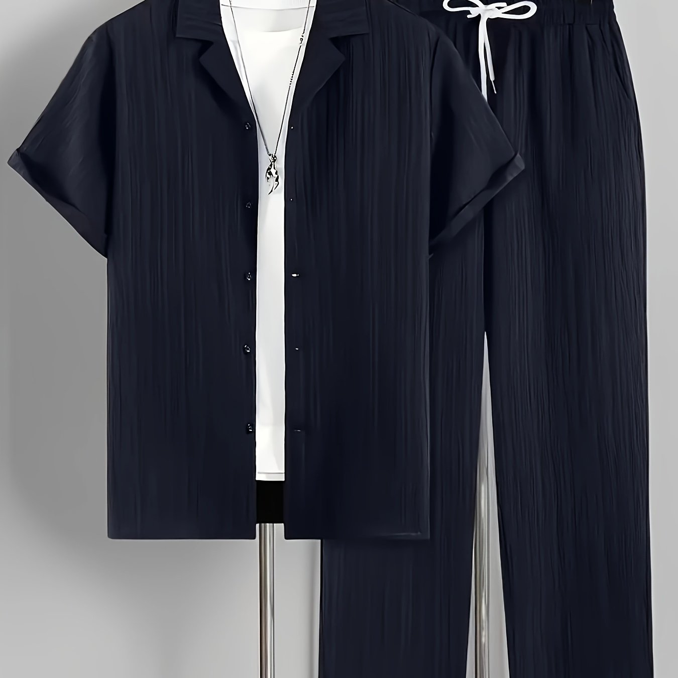 2pcs Men'S Casual Summer Set - Short Sleeve Button-Up Cuban Collar Shirt and Drawstring Waist Pants, Polyester Blend, Solid Color, Regular Fit, Breathable Fabric, Lightweight for Daily Wear