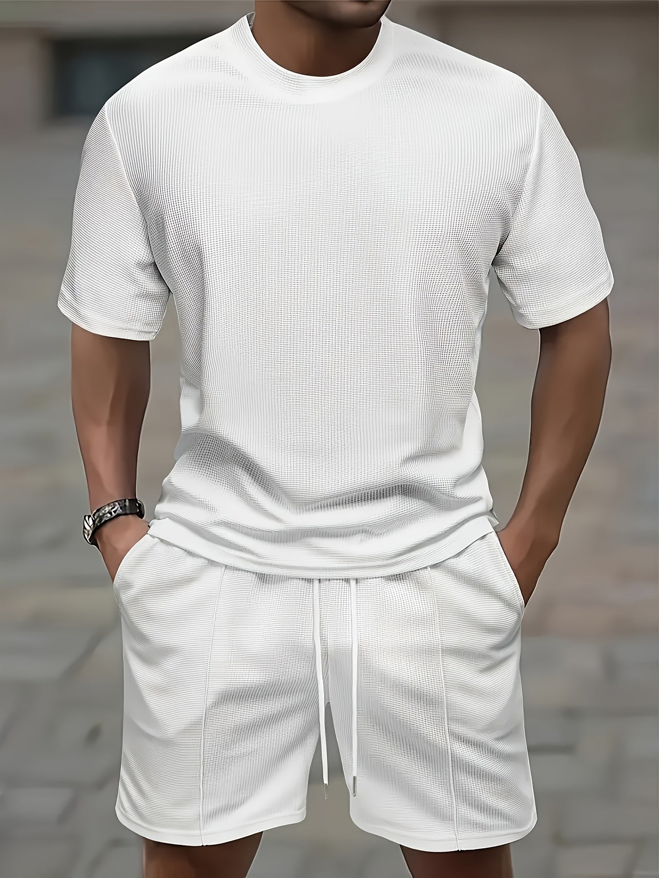 European and American Style Men's Basic Solid Color Set Round Neck Short Sleeve T-Shirt + Shorts Two-Piece Suit