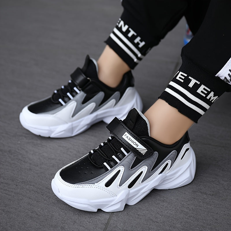 Boys' Athletic Sneakers with Hook-and-loop Fastener Strap - Casual Outdoor Sports Shoes, PU Upper, EVA Sole, Striped/Diamond Pattern, All-Season Wear, Boy Shoes