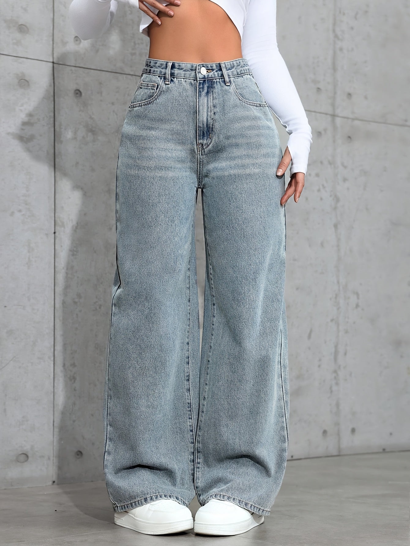 Women's Fashion Wide Leg Jeans, Casual High-Waisted Denim Pants with Pockets, All-Season Solid Color, Comfortable Slimming Design, 54.10% 35.10% Polyester 9.50% Viscose 1.30% Elastane