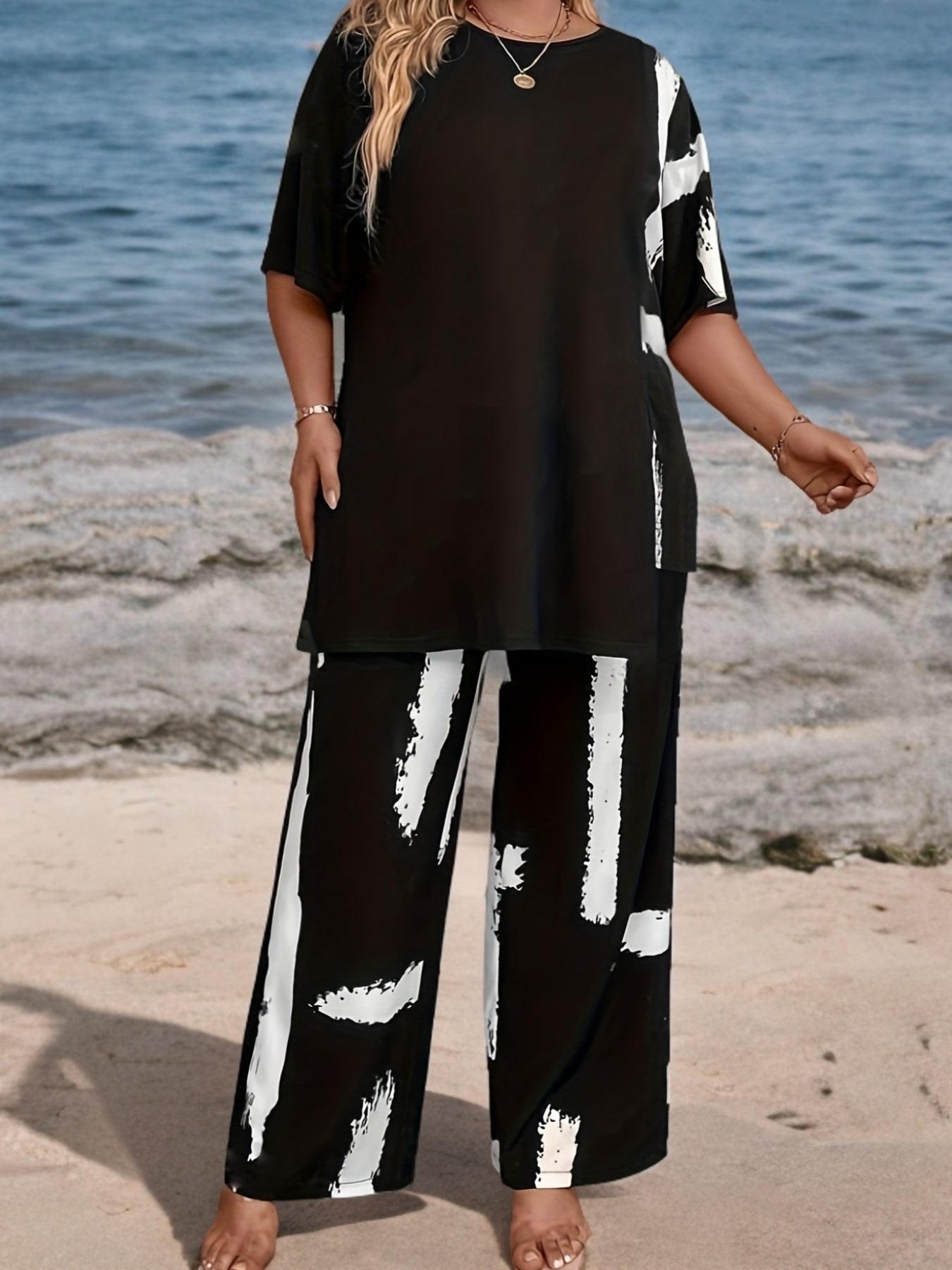 Plus Size Women'S Black Printed Sweater Set - Casual Long Sleeve Pullover with "LOVE" Design, Wide Leg Pants, Non-Stretch Fabric, Perfect for Fall & Winter, Autumn Winter Wear|Casual Style|Comfortable Fit