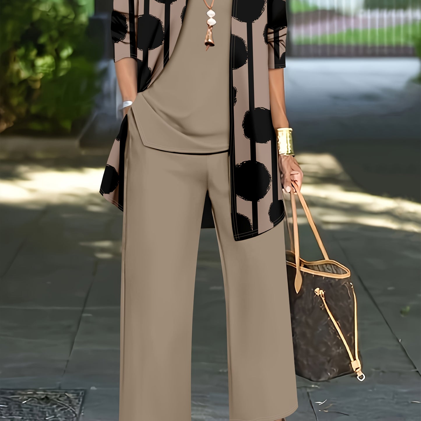 Women'S 3pcs Set, Polka Dot Print Cardigan & Solid Color Vest Casual Pants Daily Outfit