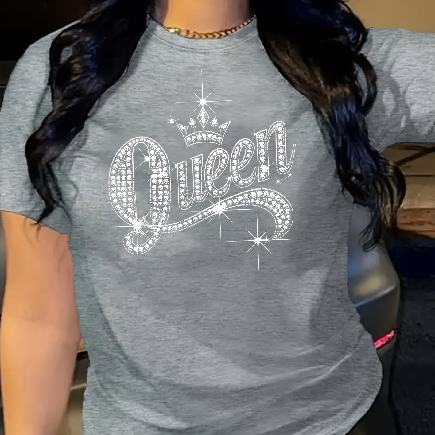 Sparkling Rhinestone Queen Crown Graphic Casual T-Shirt - Vibrant Orange Short Sleeve Round Neck Top with Medium Stretch, Machine Washable for Casual Attire & Parties, Cute T Shirts, Allseason Apparel, Party Wear, Mediumstret
