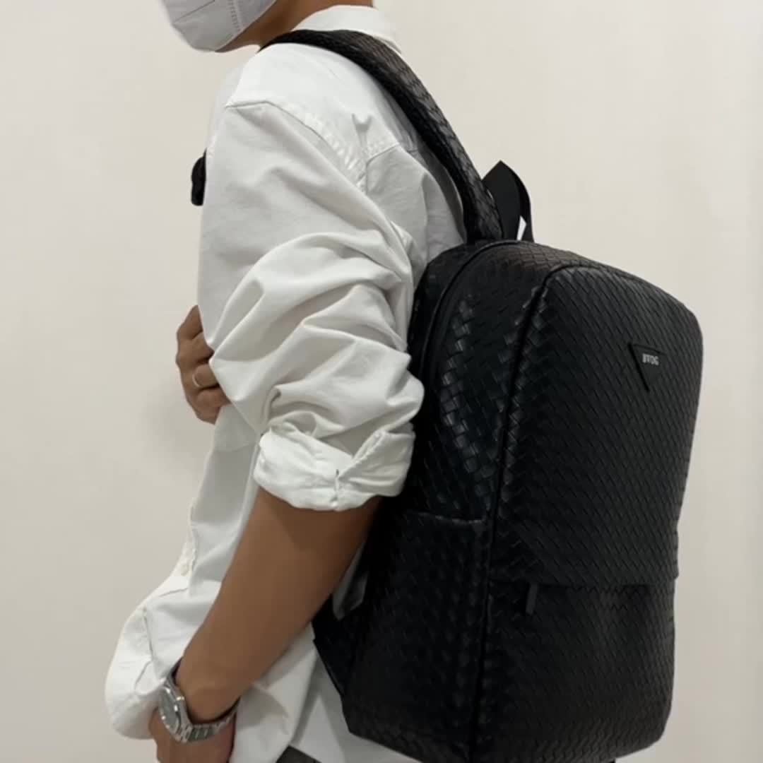 Fashionable Black Woven Backpack with Adjustable Shoulder Straps - Stylish Short Trip Storage Bag, Durable Polyester Lining, Secure Zip Closure, Casual Daypack for Outings, Travel Backpac