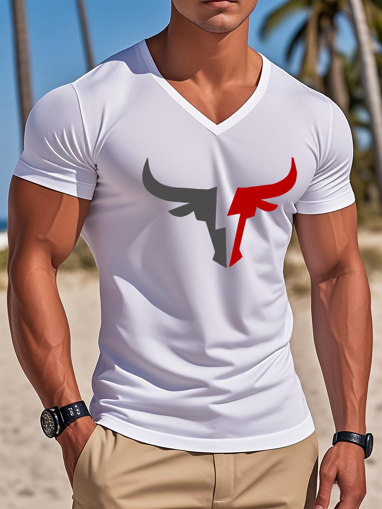 Men's Casual V-Neck T-Shirt with Bold Head Graphic Print - White & Black Contrast Design, Breathable Regular Fit Short Sleeve Tee for Spring Summer Casual Wear, Quality Fabric Shirt