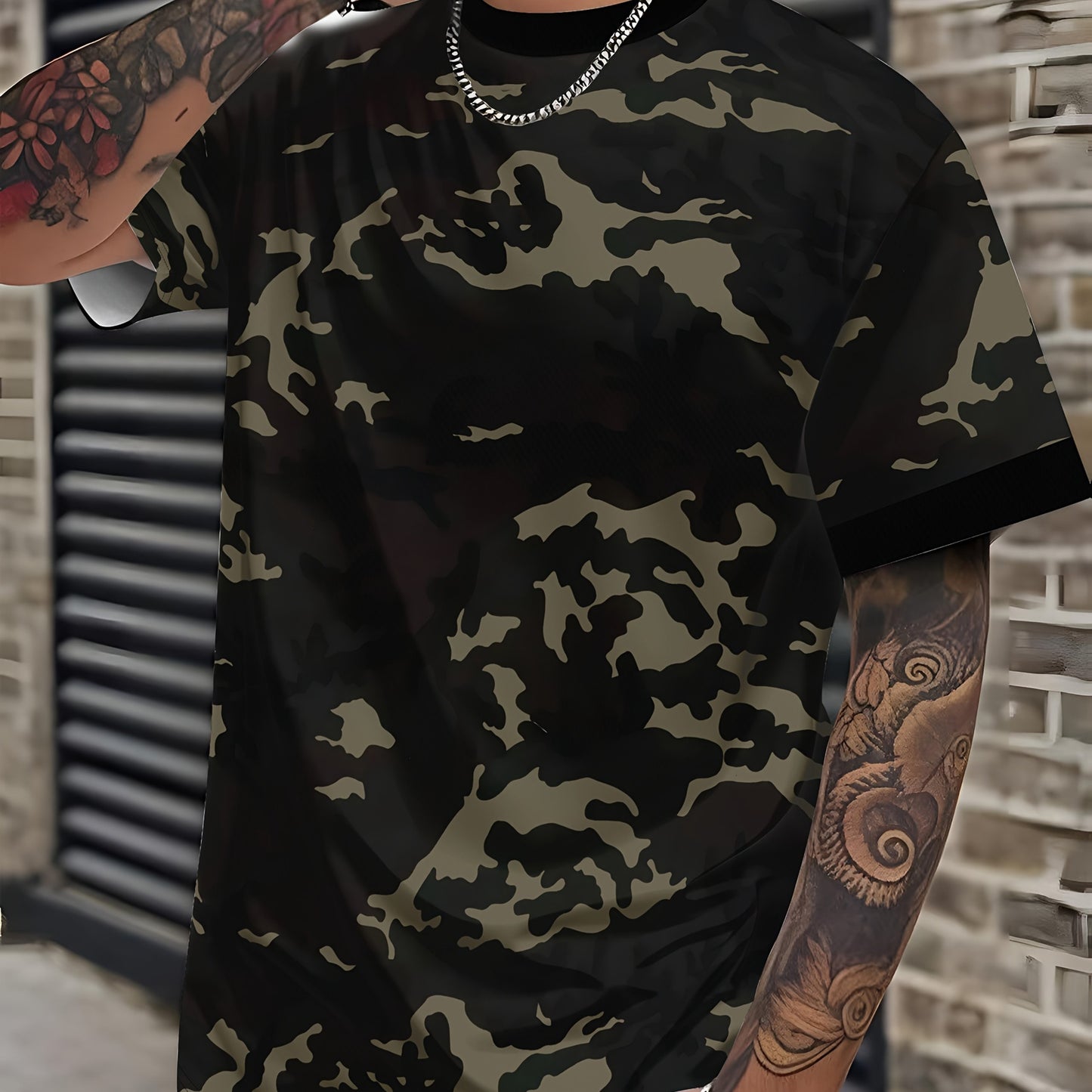 Men'S Camo Print T-Shirt - Short Sleeve, Regular Fit, Casual Style with Skull & Floral Design, Black with Brown/Beige Camouflage Pattern, Perfect for Casual Attire, Everyday Tshirt | Camo Print Tee | Stretchable Fabric