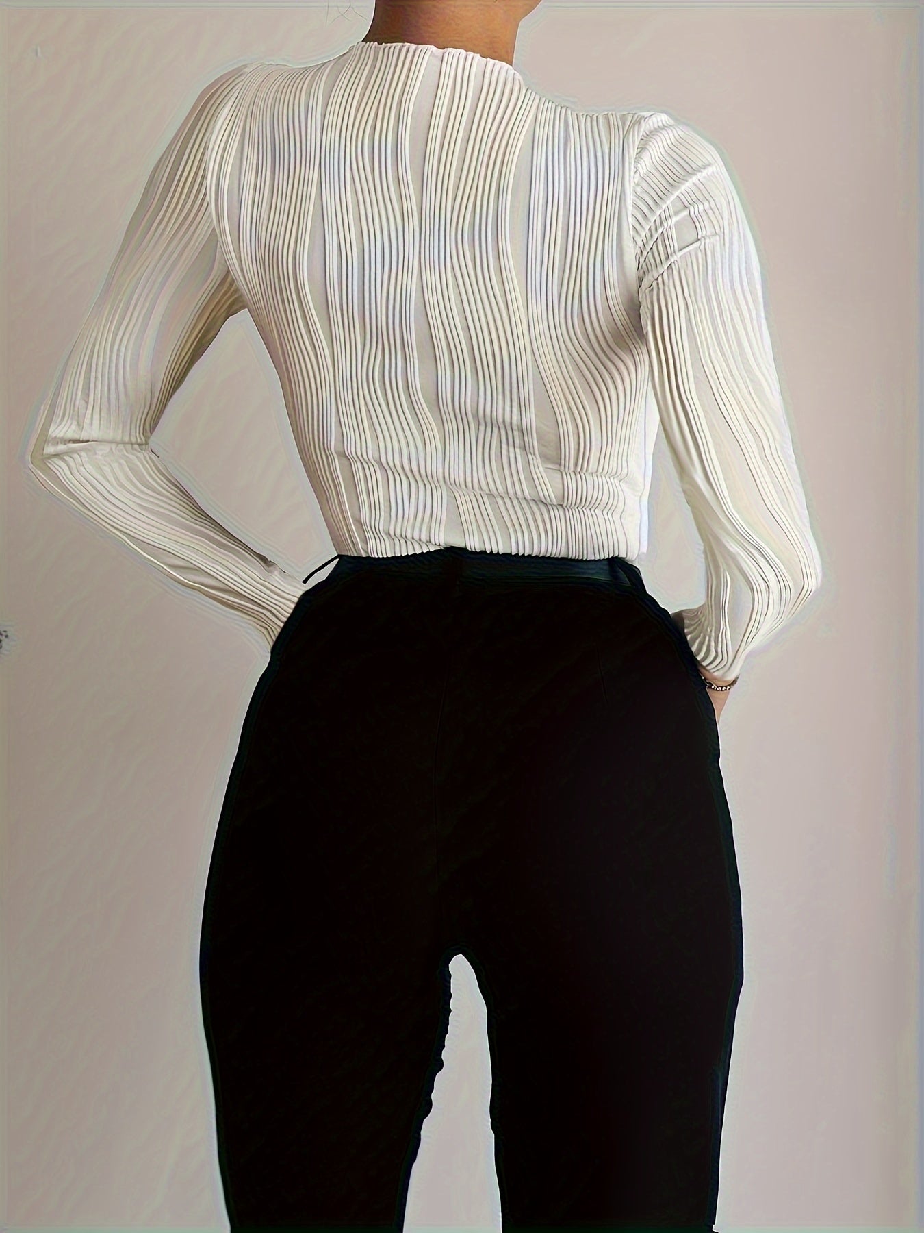 Slim Textured Frill Neck T-Shirt, Elegant Long Sleeve T-Shirt For Spring & Fall, Women's Clothing
