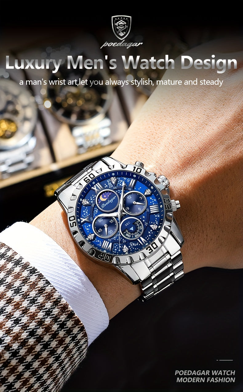 POEDAGAR Men'S Luxury Stainless Steel Quartz Watch with Moon Phase and Calendar - Waterproof, Night-Glow Hands, and Detailed Dial for Business and Formal Attire, Formal Watch | Detailed Watch Face | Quartz Movement