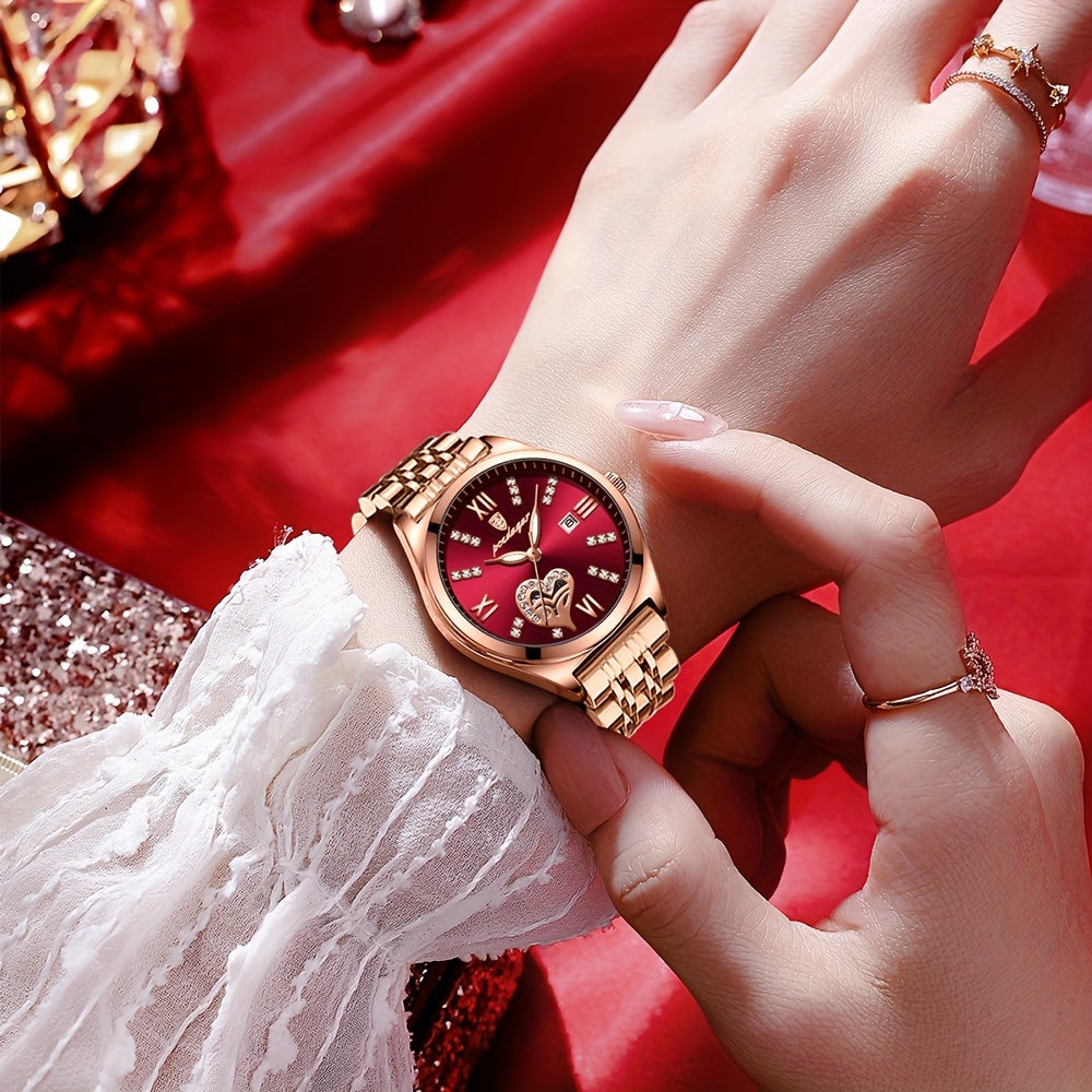POEDAGAR Elegant Women's Quartz Watch - Rose Golden-Tone Stainless Steel, Luminous Hands & Calendar,, Date Display with Heart Detail