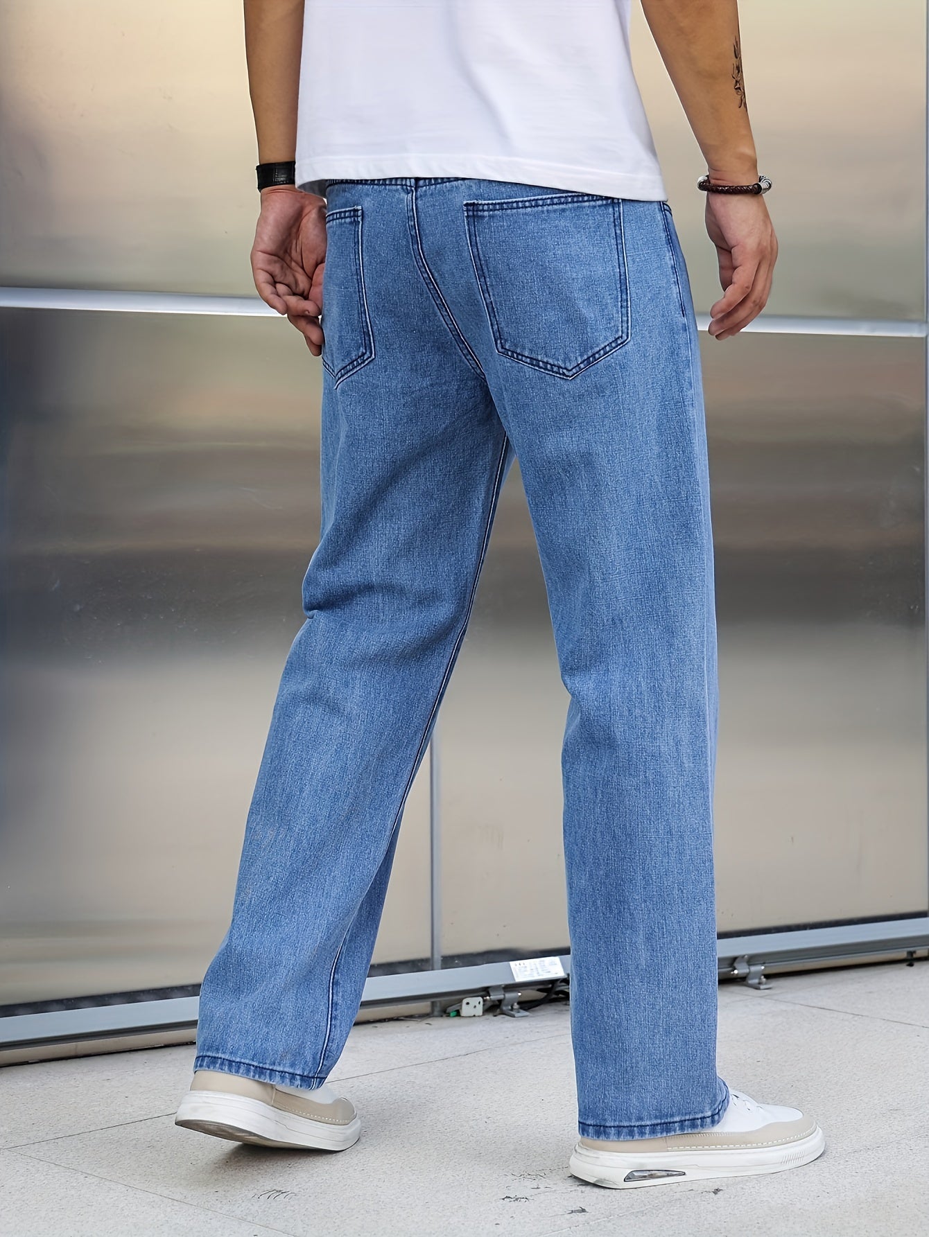 Men's Loose Fit Wide Leg Jeans, Street Style Stretch Casual Pants