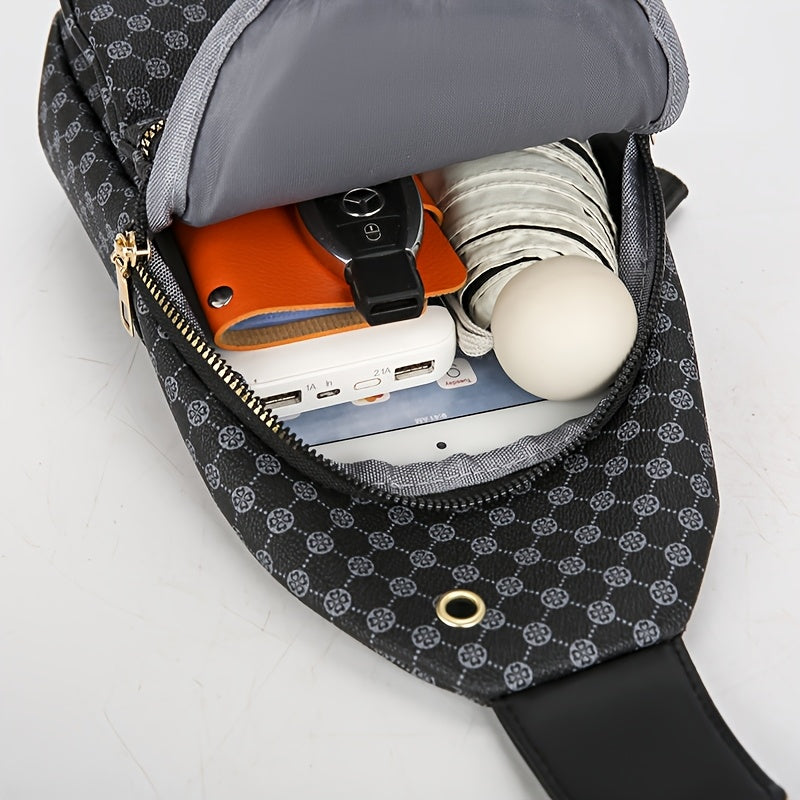Men's Stylish Geometric Print Sling Bag - Black & White Crossbody Chest Pack with Golden-Tone Zippers, Compact Travel & Everyday Commute Backpack, Modern Accessory | Textured Finish, Crossbody Bag