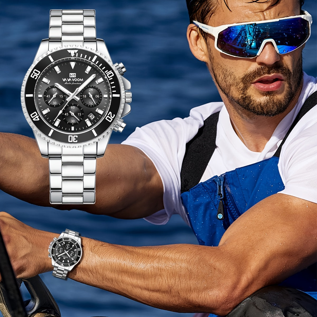 VA VA VOOM Men's Sport Watch with 3D Large Dial, Stainless Steel Band, 24Hr Chronograph, Dual Time, Calendar, Stopwatch & High Quality - Quartz Movement for Gym, Outdoor, Business Casual - Ideal Gift, Outdoor Timing Tool, Sle