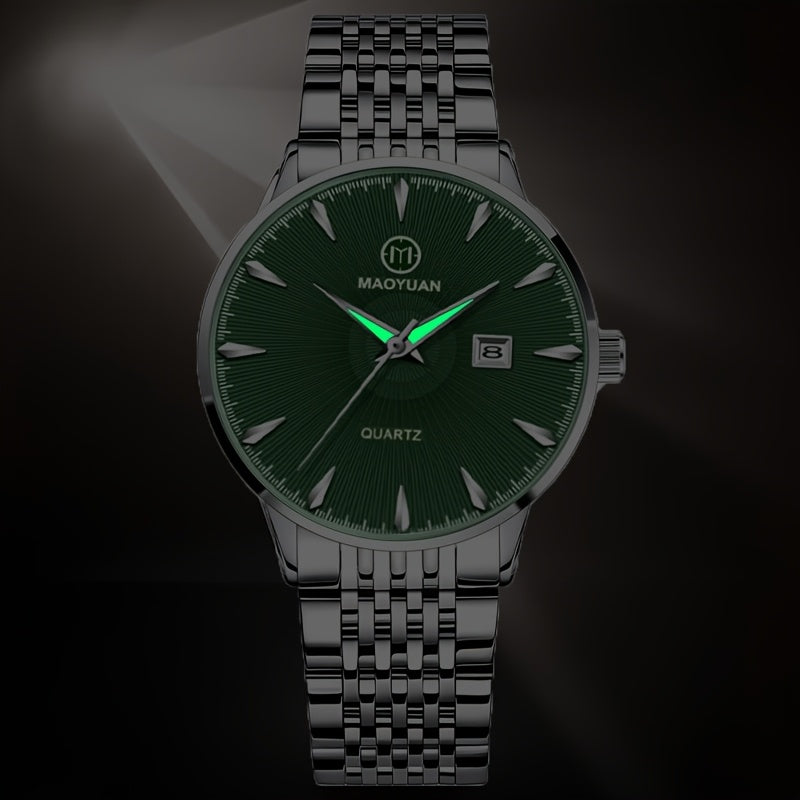 MAOYUAN Men'S Luxury Stainless Steel Quartz Watch with Date Display and Luminescent Hands - Elegant Green Dial, Metal Bracelet, Perfect for Business and Casual Attire, Ideal Gift for Men, Casual Watch | Elegant Watch | Quartz