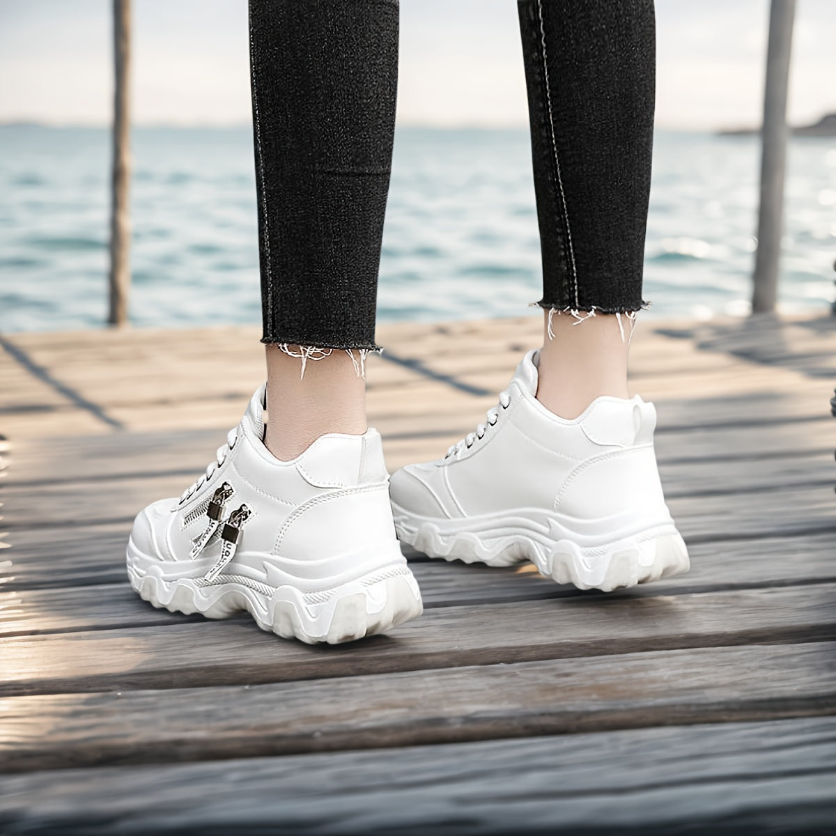 Women's White Platform Sneakers - Chunky Platform Shoes with Cushioned PVC Sole, Lace-Up Low-Top for Everyday, Travel, Office - All-Season Synthetic Cover - Leg-Lengthening Design, Ladies Sneakers, Travel Footwear, Chunky Sol