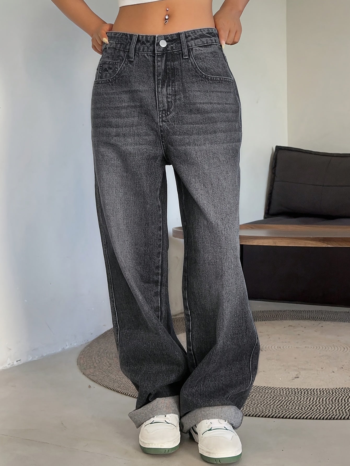 Women's Fashion Wide Leg Jeans, Casual High-Waisted Denim Pants with Pockets, All-Season Solid Color, Comfortable Slimming Design, 54.10% 35.10% Polyester 9.50% Viscose 1.30% Elastane