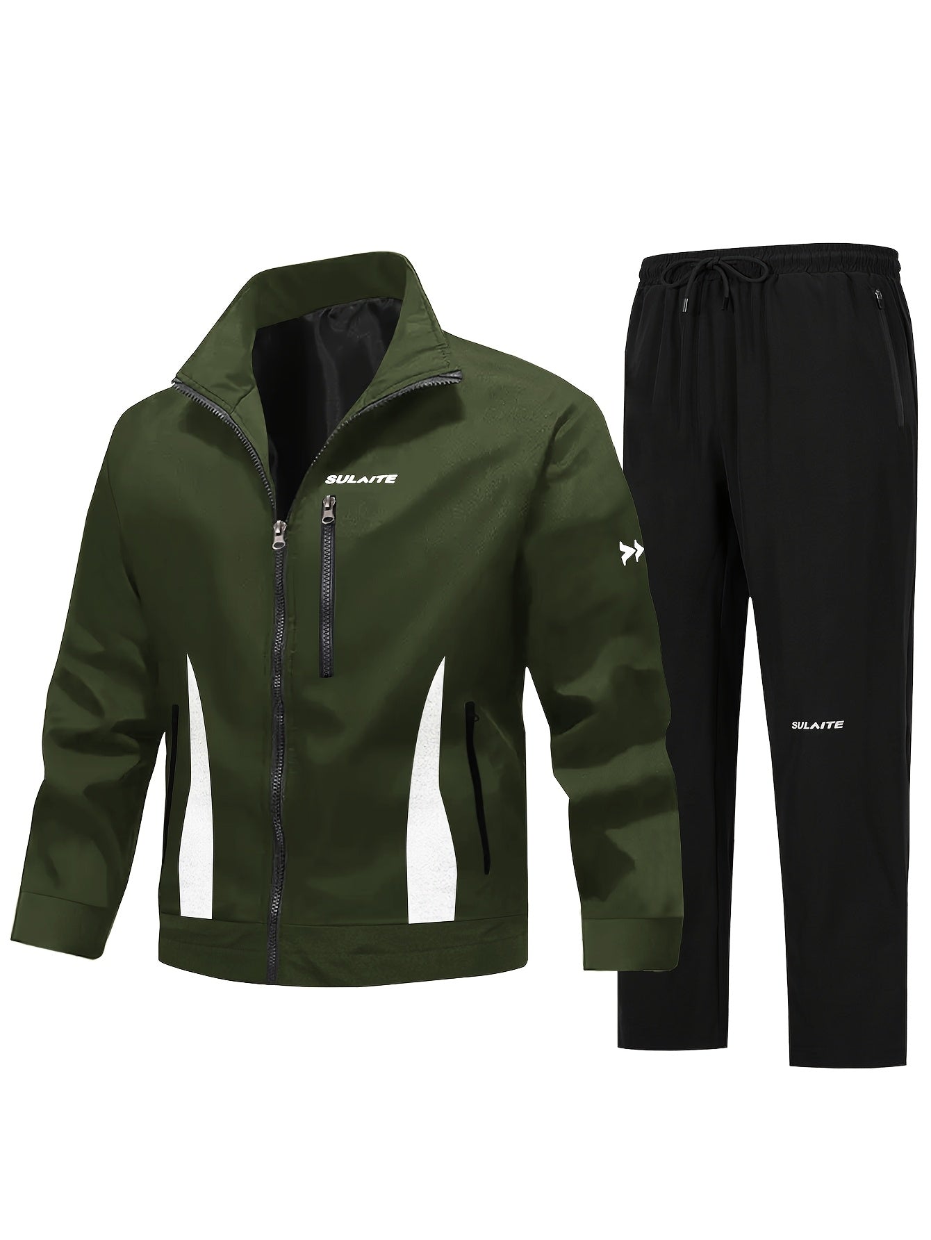 Men'S Casual Sportswear Set - Black Jacket with Zipper Pockets & White Accents, Matching Pants, Perfect for Spring & Fall, Sportswear Outfit|Zippered Jacket|Functional Pockets