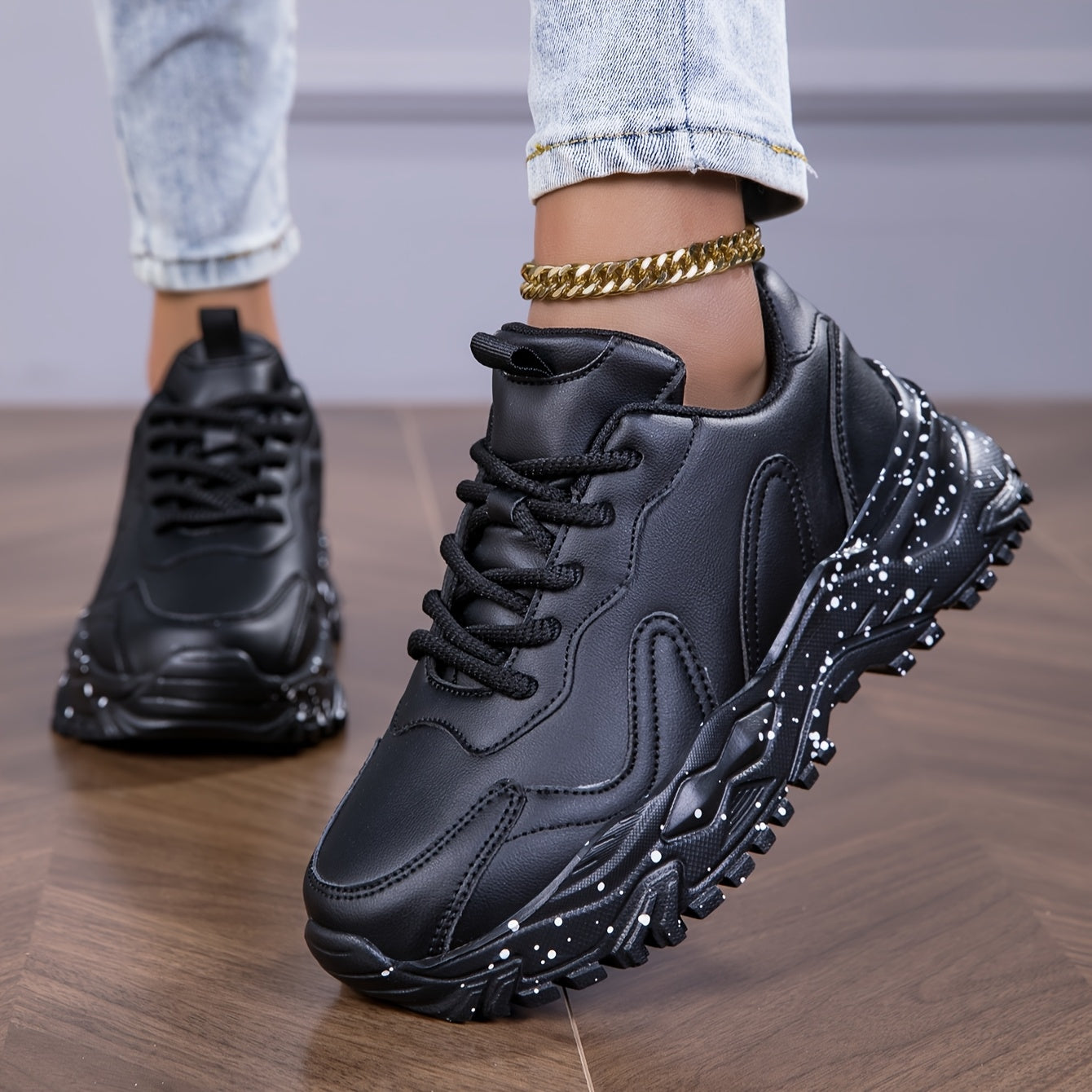 Women's Black Chunky Sneakers - Anti-Slip, Durable Casual Dad Shoes with Glossy Finish & Star Pattern, Lace-Up Low Tops for All Seasons, Allseason Sneakers | Chunky Sole Sneakers | Comfortable Fabric Lining
