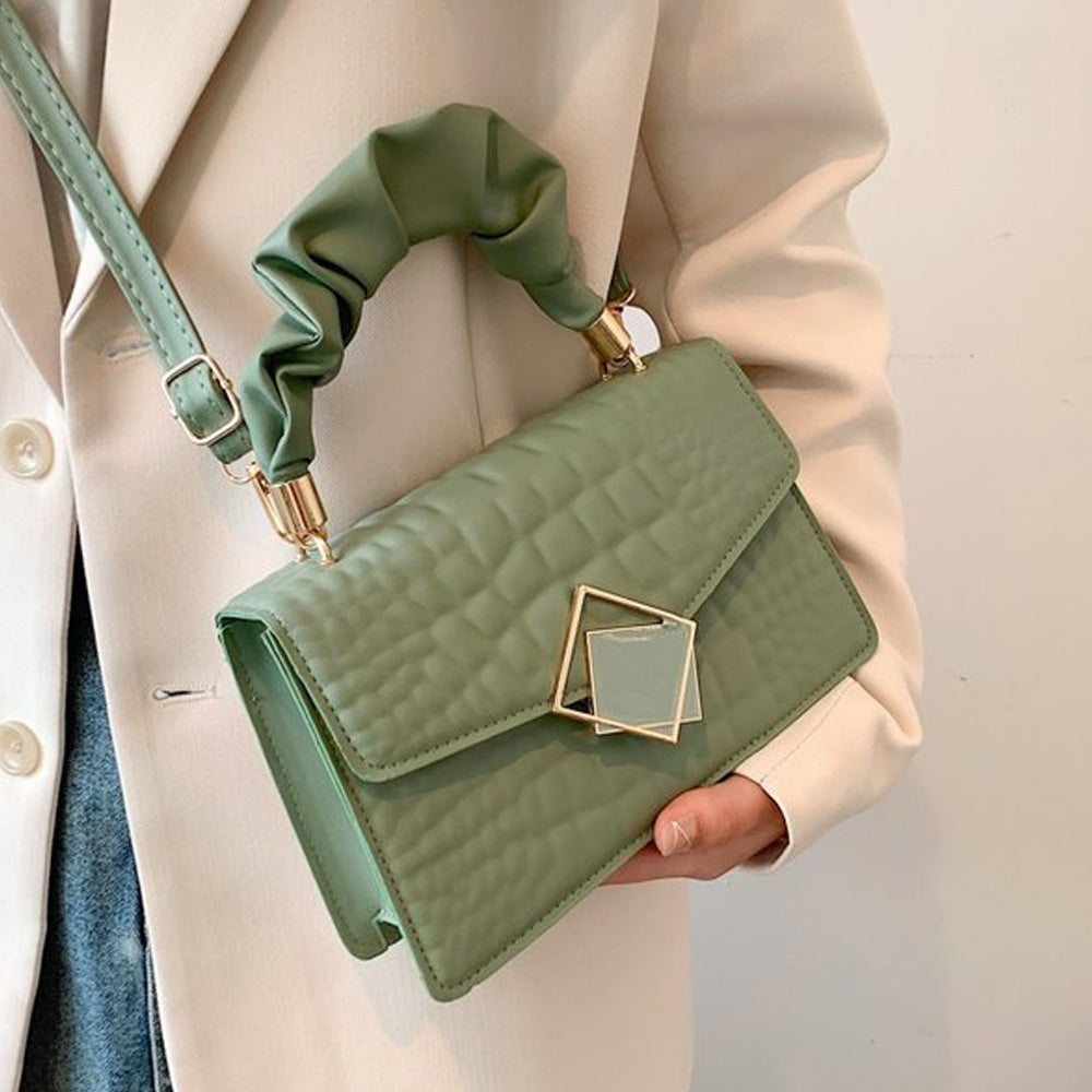Fashion Embossed Crossbody Bag with Pleated Handle - Women'S Solid Color Stylish Shoulder Bag, Plain Crossbody Bag with Pleated Handle, Small Square Bag in Stone Pattern.