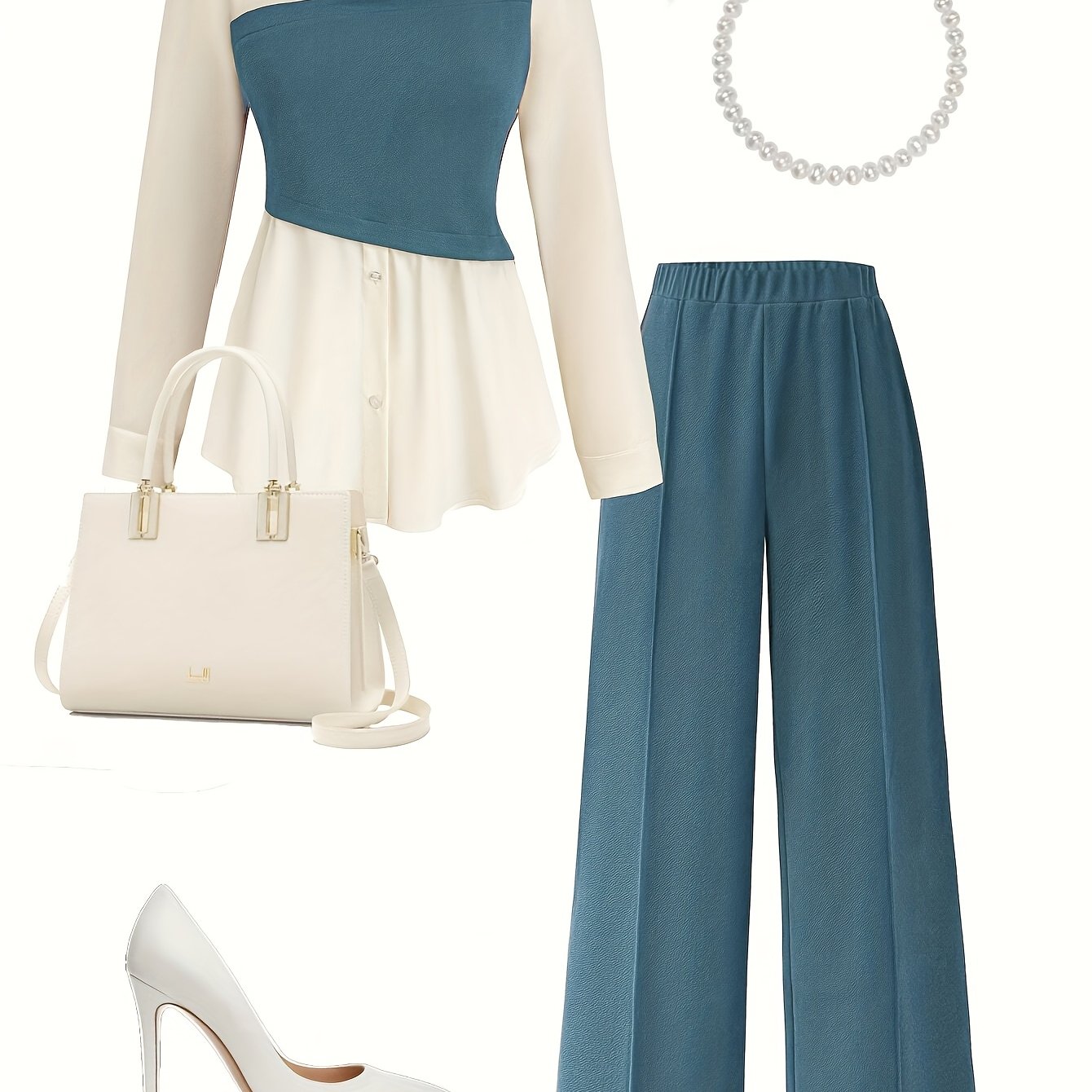 Elegant daily commuting two-piece set for ladies, featuring a color-blocked and pieced-together shirt and wide-leg trousers, suitable for all four seasons and machine washable.