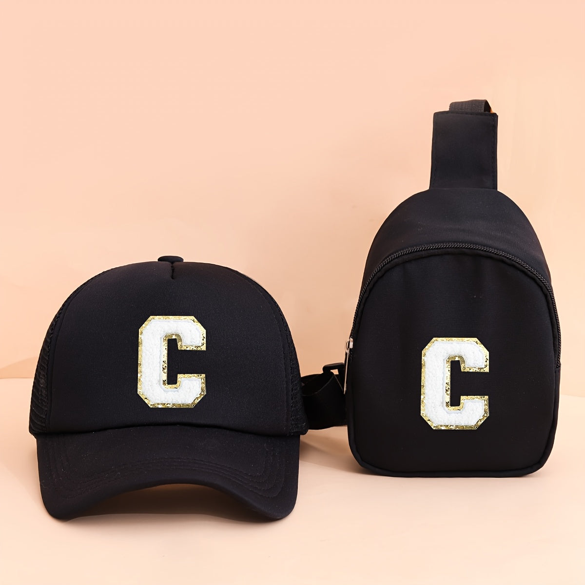 2pcs Kids' Printed Alphabet Pattern Set, Includes 1 Black Stylish Breathable Trucker Hat and 1 Black Crossbody Bag, Lightweight Sun Hat with Small Coin Purse, Suitable for Boys and Girls Aged 5-10 for Daily Outings and Back-t