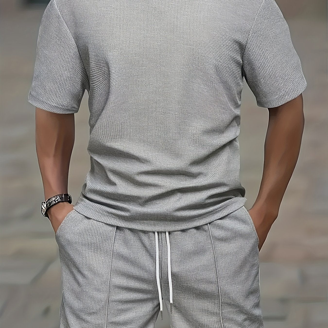European and American Style Men's Basic Solid Color Set Round Neck Short Sleeve T-Shirt + Shorts Two-Piece Suit
