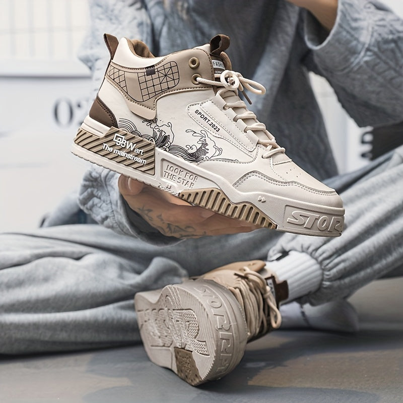 Men's High-Top Skate Sneakers - Comfortable, Non-Slip Casual Shoes for Outdoor Walking & Jogging, Stylish Striped/Solid Design, Lace-Up, All Seasons