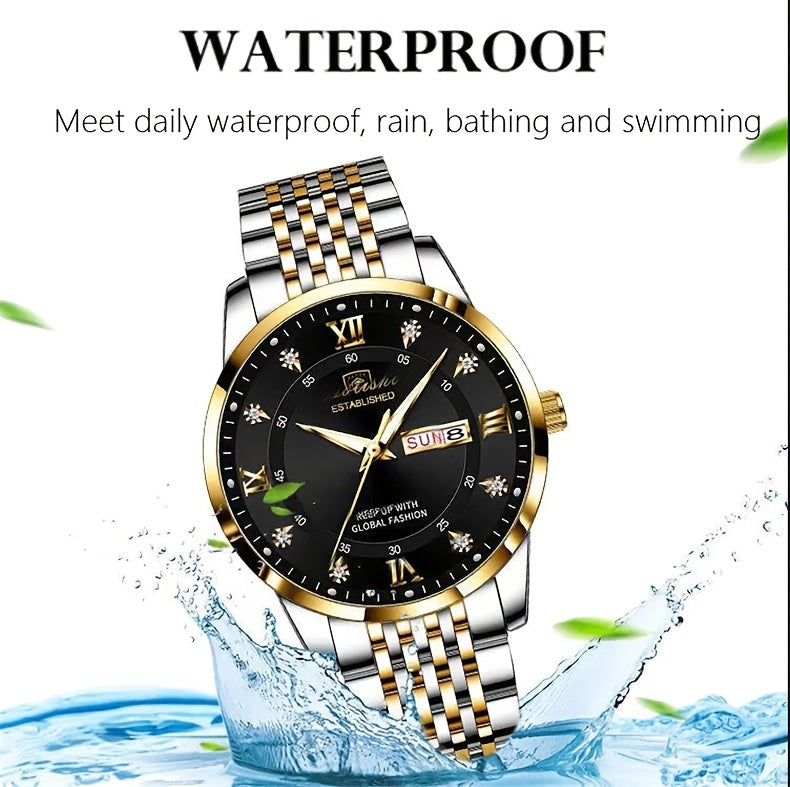 POEDAGAR Classic Men'S Stainless Steel Quartz Watch, IPX8 Luminous Weekly Calendar Watch for Men, Perfect Gift Option, Suitable for Women