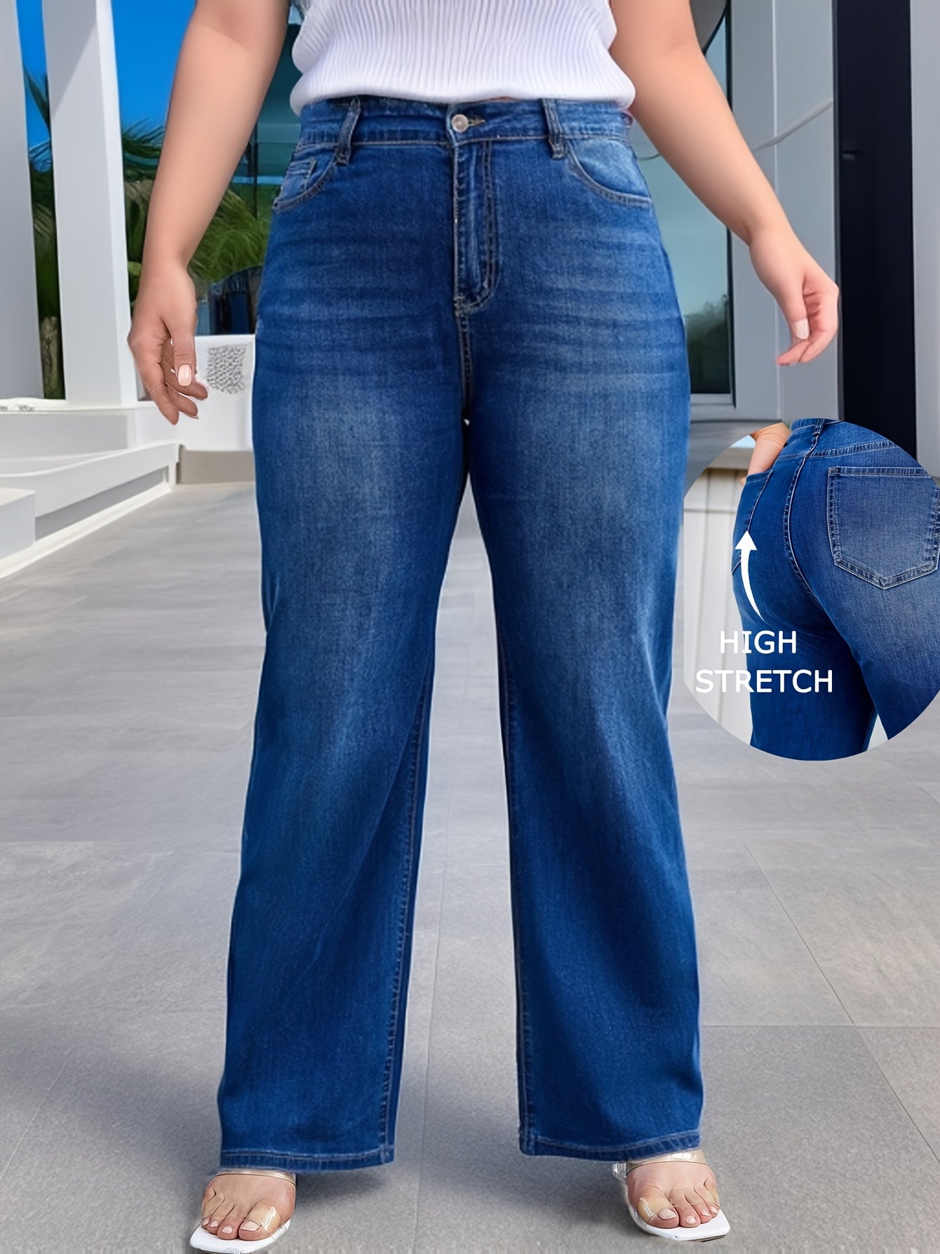 Women's Plus Solid Casual Straight Leg Jean Pants