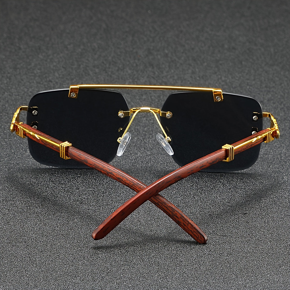 A Pair of Frameless, Beveled-Edge, Square Double-Beam Glasses, New Trendy Leopard-Print Fashion, Faux Wood Grain, Versatile for Men And Women, for Taking Photos.