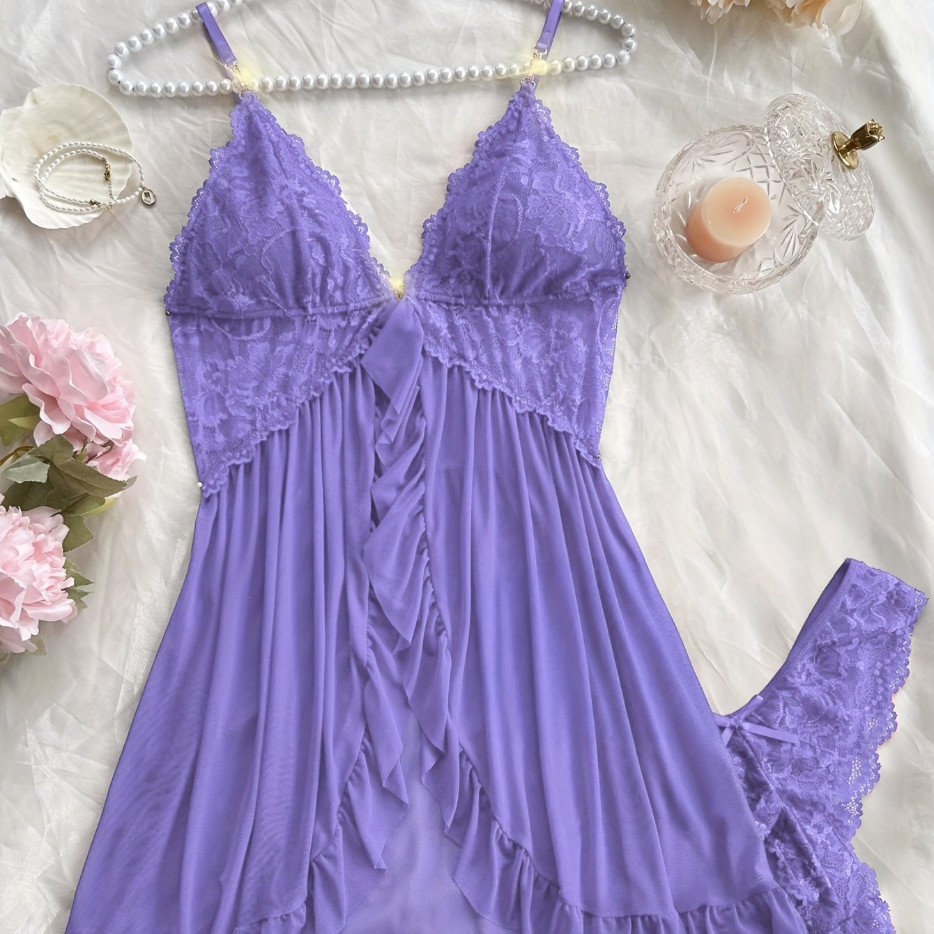 Sexy and Romantic Sleepwear Set, Solid Color Lace Camisole with Matching Panties, V-Neck Design Accentuating Elegant Neckline, Delicate Lace Pattern for Softness. Flared Hem and Ruffled Front Add Graceful Charm, Perfect for a