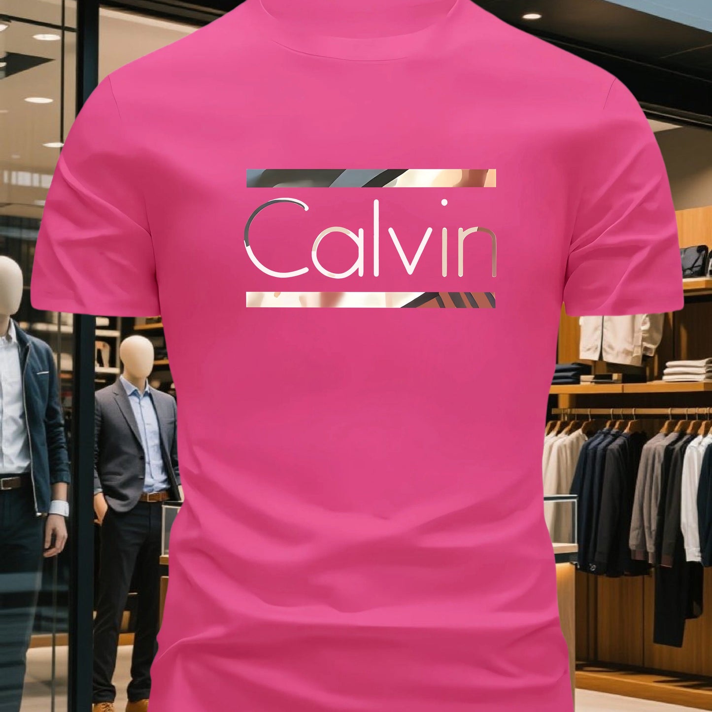 Men'S Bright Pink CALVI Graphic T-Shirt - Soft Breathable 100% Cotton Crewneck Tee, Everyday Casual Shirt for Office, Outings & Gym - Minimalist Modern Top, Comfortable Clothing, Stylish Letter Print, Durable Fabric, Short Sl