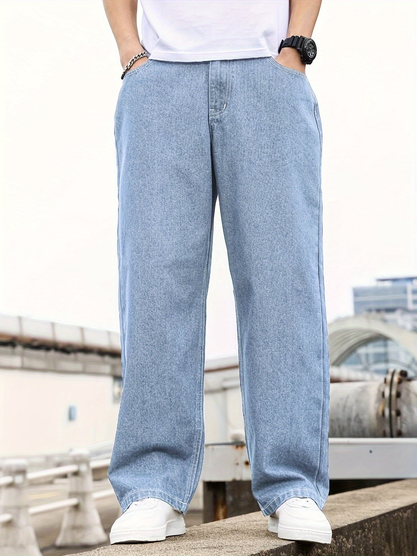 Men'S Loose-Fit Jeans, Cotton Blend Street Style Denim Pants, Non-Stretch Solid Color, Regular Length, with Multiple Pockets for All-Season Wear