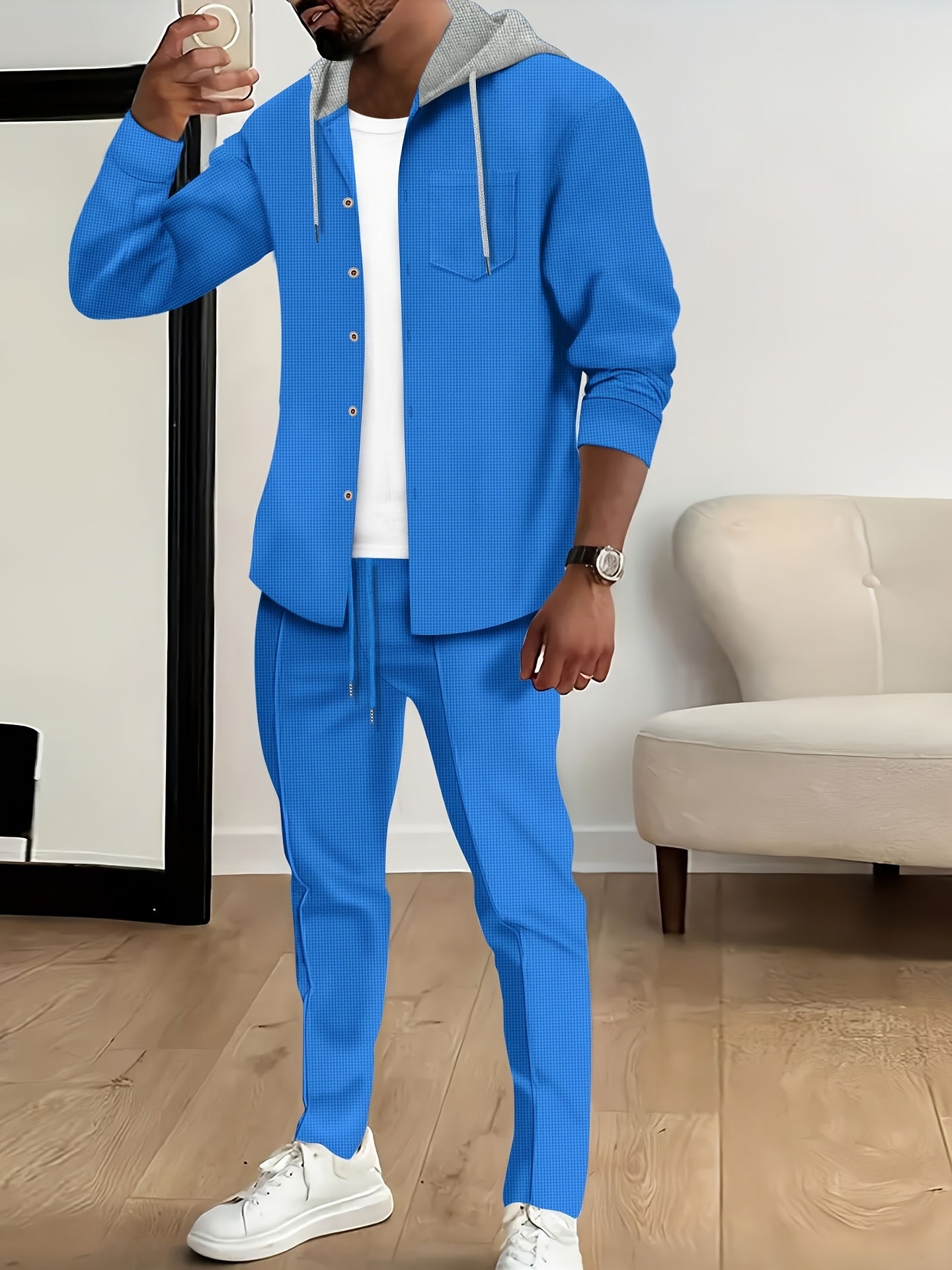 New Long Sleeve Buttoned Hooded Jacket and Rope Pants Set for Spring and Autumn, Waffle Solid Classic Men's Sports 2pcs Sports Suit - Sports Suit for Outdoor Sports Enthusiasts, Breathable and Comfortable