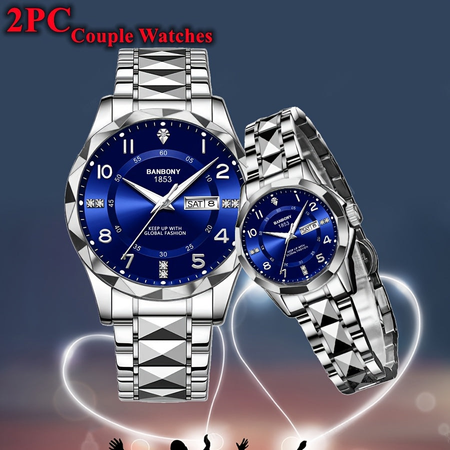 2pcs BNDBONY Brand Men And Women Couples Quartz Watch Stainless Steel Strap Scratch-Resistant Wear Luminous Pointer Digital Simple Hd Disc IPX7 Waterproof Fashion Multifunctional Couples Watch Holiday Couples Lover Birthday G
