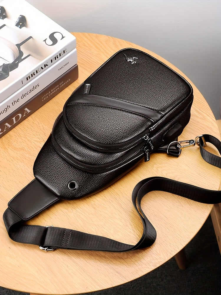 MOEPEQDAISHU Men's Synthetic Leather Crossbody Bag - Adjustable Strap, Multiple Compartments, Casual Style, Black, Perfect for Daily Commute, Casual Crossbody Bag | Modern Men's Bag | Textured Finish, Purse Crossbody