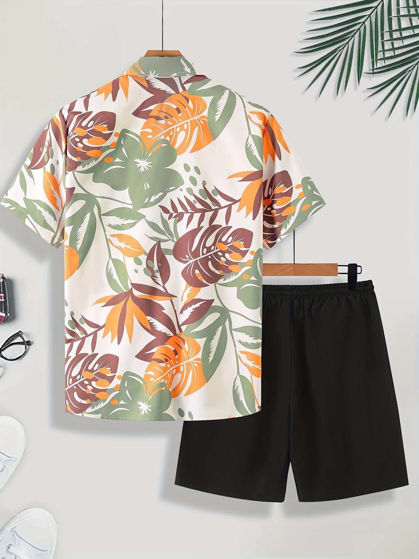 Men'S Tropical Palm Leaf Print Short Sleeve Shirt & Solid Black Shorts Set - Casual Summer Outfit with Drawstring Waist, Non-Stretch Fabric, Perfect for Beach or Vacation, Beach Attire | Tropical Print Shirt | Nonstretch Fabr