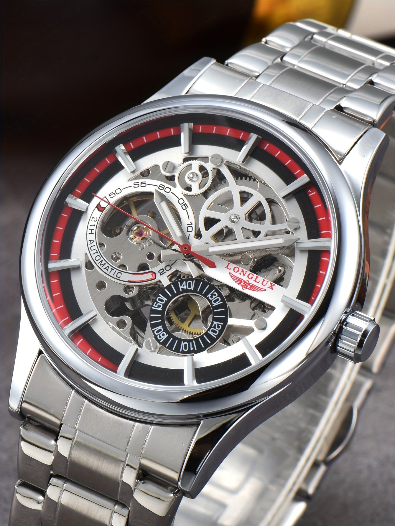 Men's Business Leisure Automatic Mechanical Watch, Stainless Steel with Blue Accents, Transparent Back, Date Display, Water-Resistant up to 10m, Ideal Gift, Business Watch | Mechanical Aesthetic | Stainless Steel Band
