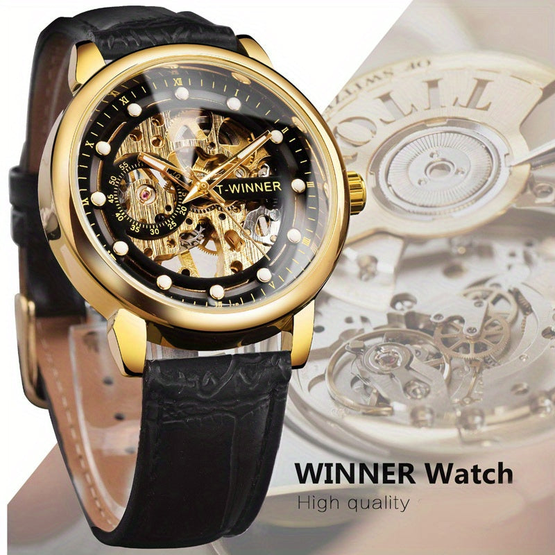 Men'S Luxury Mechanical Skeleton Watch with Golden-Tone Alloy Case & Faux Leather Strap - Mechanical Hand-Wind, World Time, Date Display, Elegant Fashion Accessory for Casual Attire, Mechanical Watch, Sophisticated Design, In